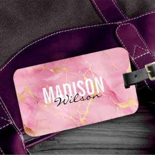 Cute ro rosa faux glitter marble monogram bagagebricka