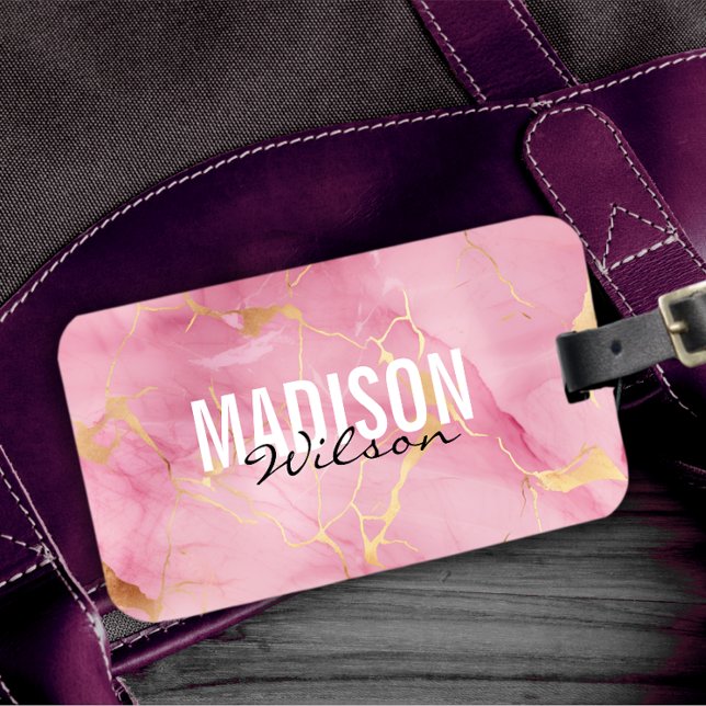 Cute ro  rosa faux glitter marble monogram bagagebricka (Skapare uppladdad)