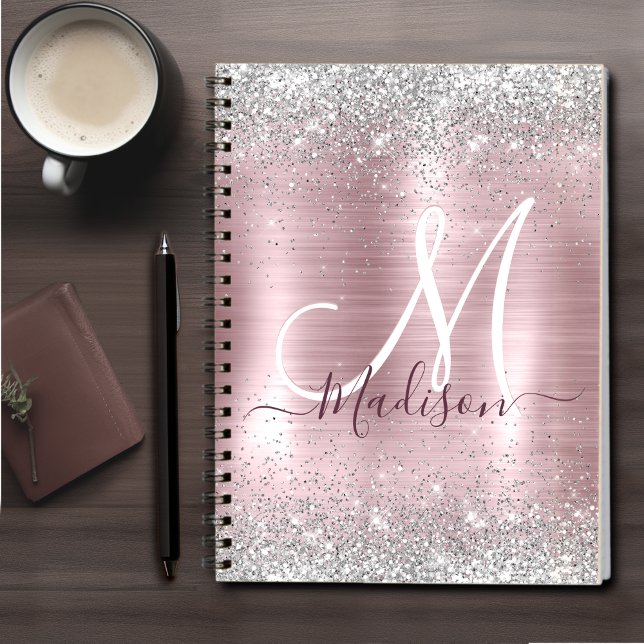 Cute ro  silver faux glitter monogram anteckningsbok (Skapare uppladdad)