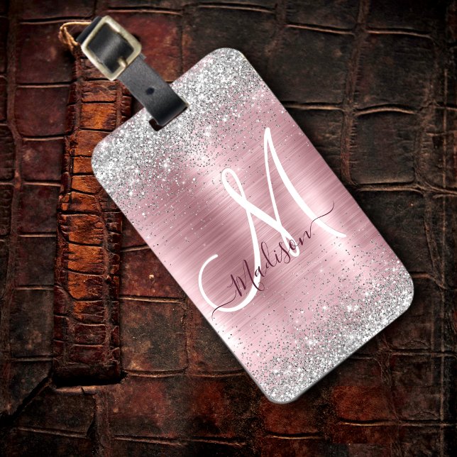 Cute ro  silver faux glitter monogram bagagebricka (Skapare uppladdad)