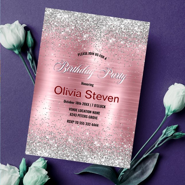Cute ro  silver faux glitter monogram inbjudningar (Skapare uppladdad)