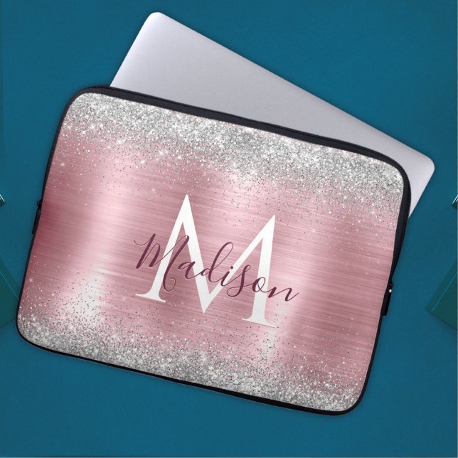 Cute ro  silver faux glitter monogram laptop fodral (Skapare uppladdad)