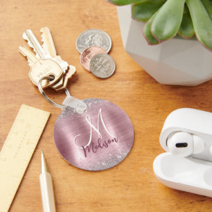 Cute ro silver faux glitter monogram nyckelring
