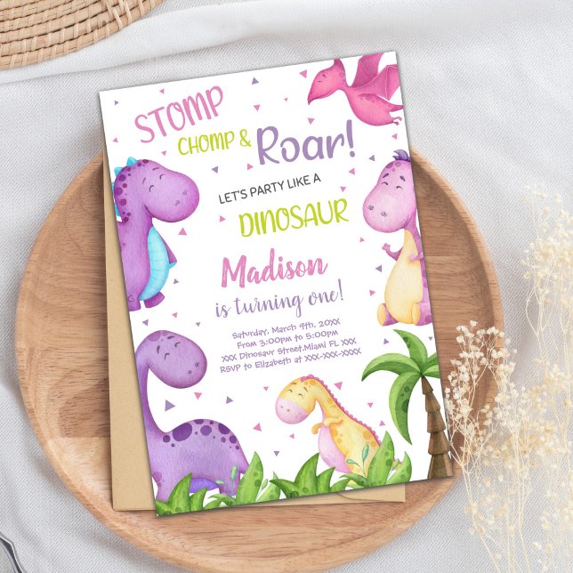 Cute Roar Party Card för flickor Inbjudningar (Pink Purple Dinosaur Birthday Invitations)