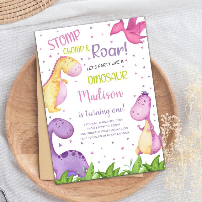 Cute Roarsome Party Card for Girls Inbjudningar (Purple Dinosaur Birthday Invitations)