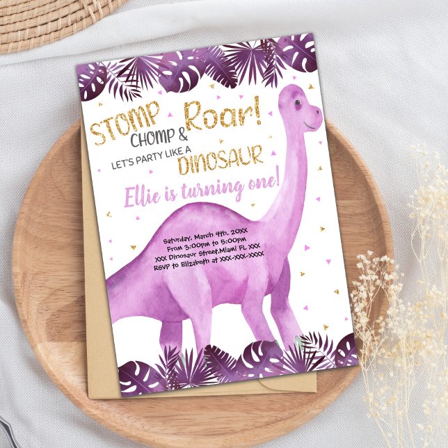 Cute Roarsome Party Card for Girls Inbjudningar (Pink Glitter Dinosaur Birthday Invitations)