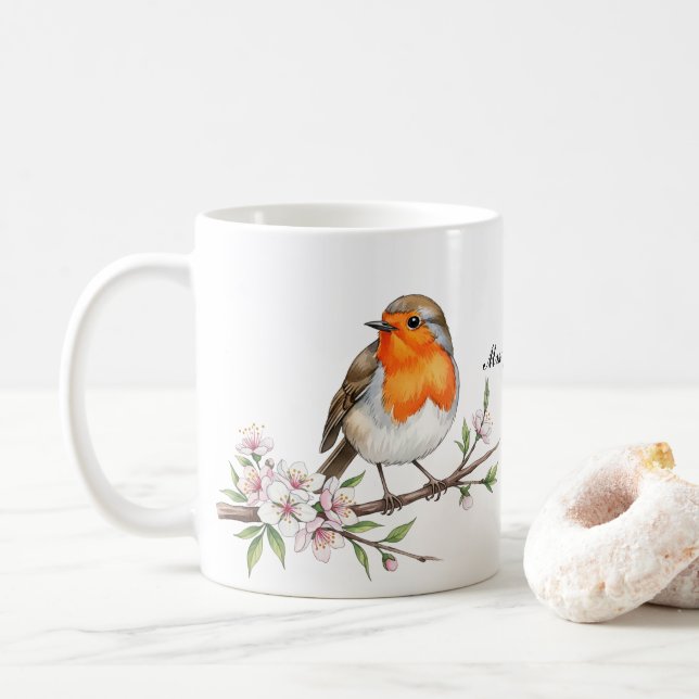 Cute Robin Bird på Blommigt Gren Personlig Namn vi Kaffemugg (Med munk)