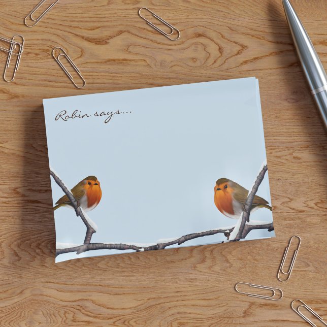 Cute Robin Bird Personlig Winter Blue Post-it Block (Two Christmas Robins sat on a snowy branch chatting about how much they'd like to come home with you)