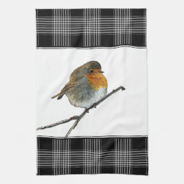 Cute Robin Bird Redbrös buffalol plaid gräns Kökshandduk