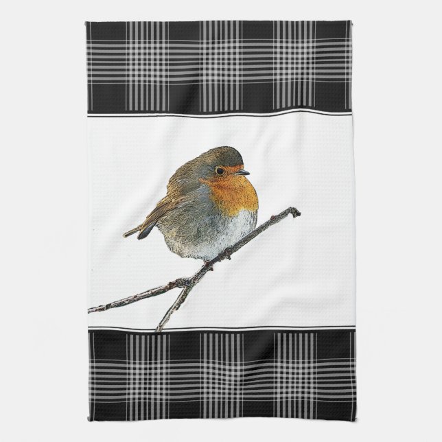 Cute Robin Bird Redbrös buffalol plaid gräns Kökshandduk (Vertikal)