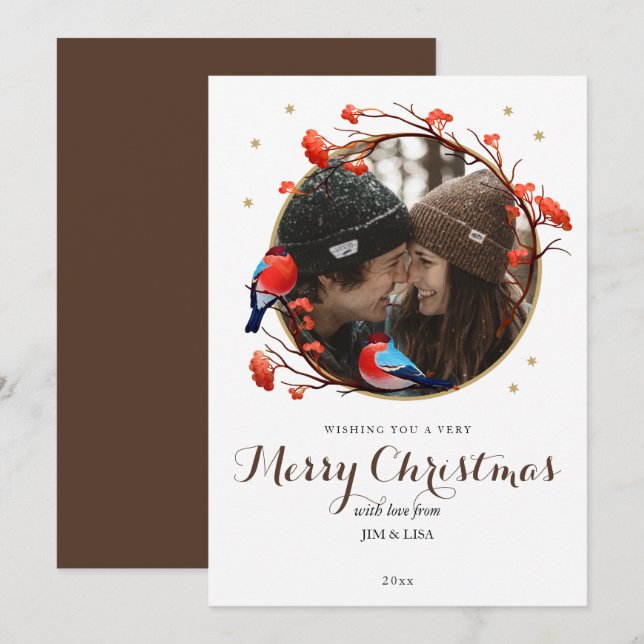 Cute Robin Birds Berries, julfoto för krans Julkort (Fram/baksida)