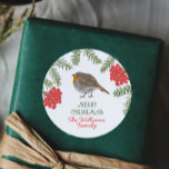 Cute Robin Family Namn jul Runt Klistermärke<br><div class="desc">Tvättrån illustrerar julklistermärken. Anpassade!</div>
