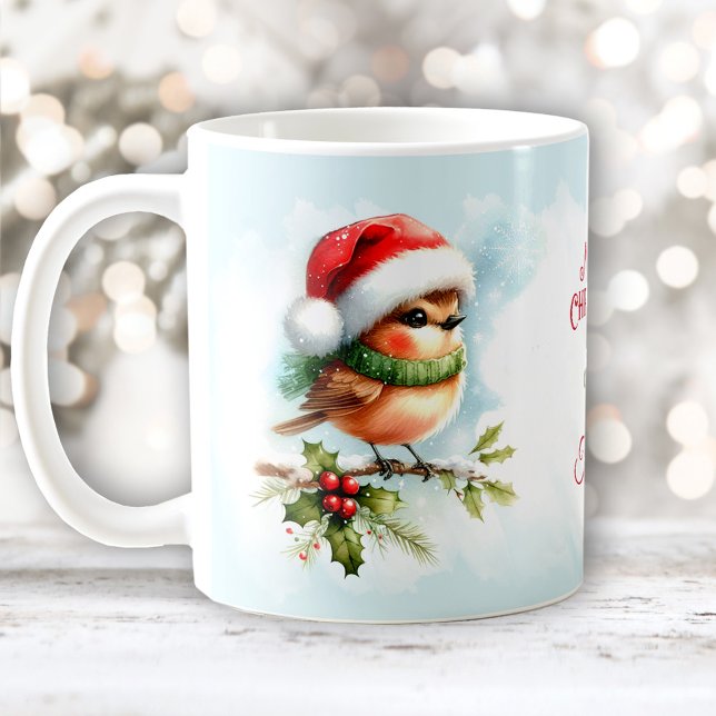 Cute Robin in Santa Hat Custom Name jul Kaffemugg (Cute Robin In Santa Hat Custom Name Christmas Coffee Mug)