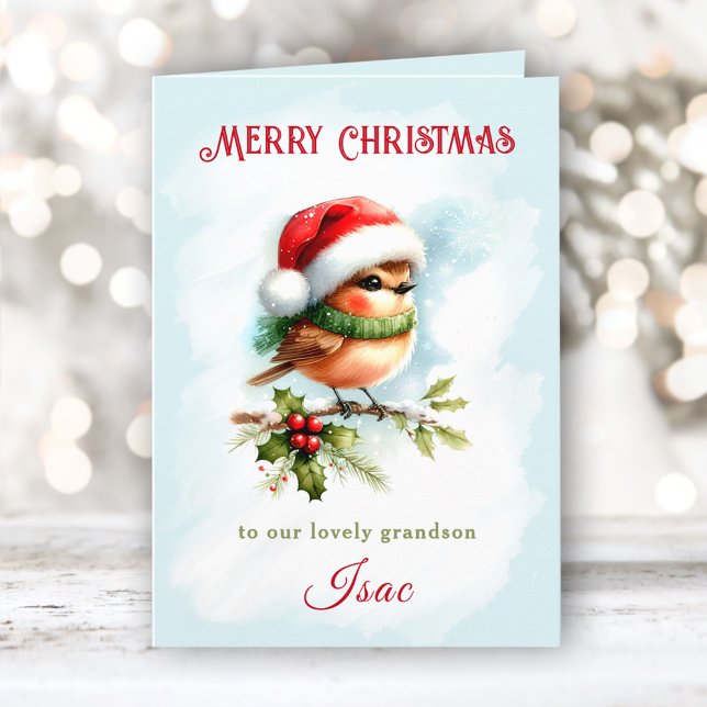 Cute Robin in Santa Hat Grandson Kids jul Kort (Cute Robin In Santa Hat Grandson Kids Christmas Card)