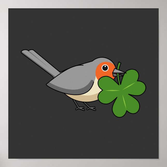 Cute Robin med Shamrock Klöver Tecknad Poster (Framsidan)