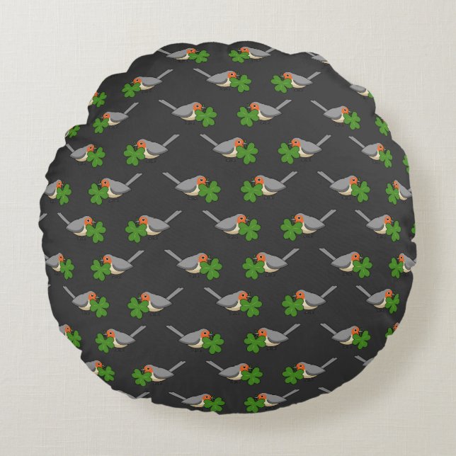 Cute Robin med Shamrock Klöver Tecknad Rund Kudde (Framsidan)