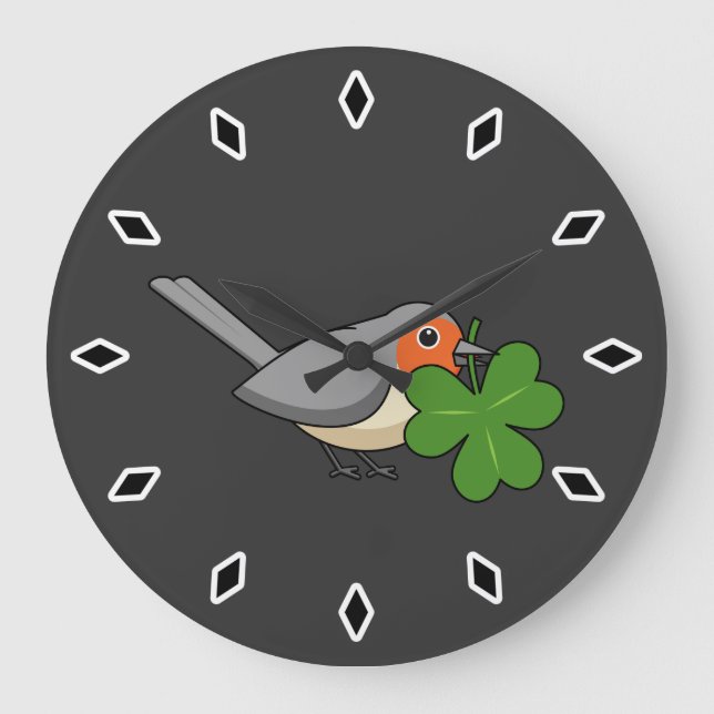 Cute Robin med Shamrock Klöver Tecknad Stor Klocka (Framsida)
