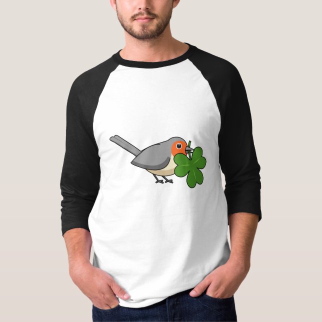 Cute Robin med Shamrock Klöver Tecknad T Shirt (Framsida)