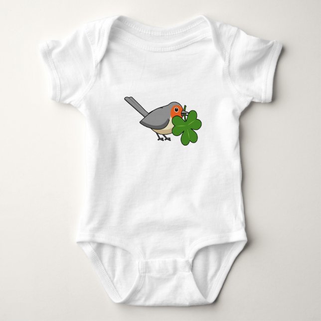 Cute Robin med Shamrock Klöver Tecknad T Shirt (Framsida)