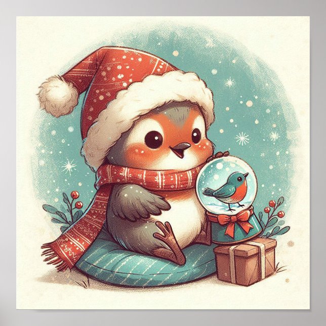 Cute Robin with Snowglobe Kids Room Wall Art Poster (Framsidan)