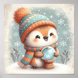 Cute Robin with Snowglobe Kids Room Wall Art Poster
