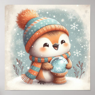 Cute Robin with Snowglobe Kids Room Wall Art Poster