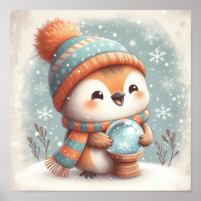 Cute Robin with Snowglobe Kids Room Wall Art Poster (Framsidan)