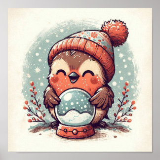 Cute Robin with Snowglobe Kids Room Wall Art Poster