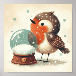 Cute Robin with Snowglobe Kids Room Wall Art Poster