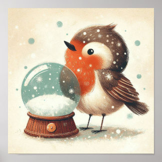 Cute Robin with Snowglobe Kids Room Wall Art Poster