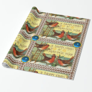 CUTE ROBINS,CHRISTMAS GREETINGS MED BLÅGEMS PRESENTPAPPER