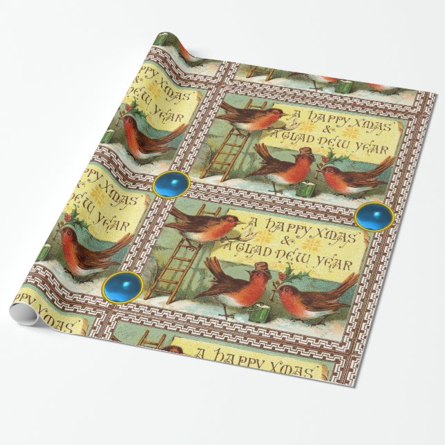 CUTE ROBINS,CHRISTMAS GREETINGS MED BLÅGEMS PRESENTPAPPER (Utrullad)