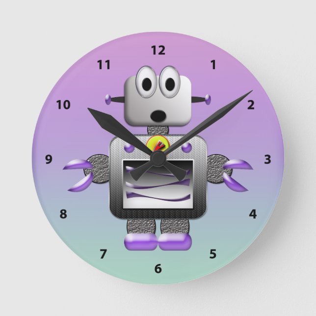 Cute Robot Blue & Lila Clock Rund Klocka (Framsida)