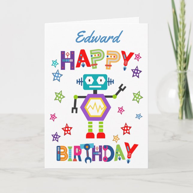 Cute Robot Children's Birthday Kort (Framsida)