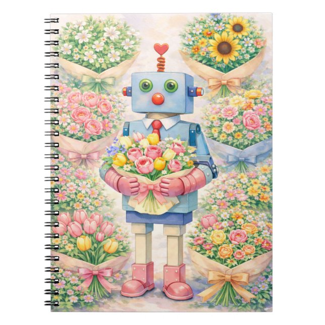 Cute Robot Flower Notebook Anteckningsbok (Framsidan)