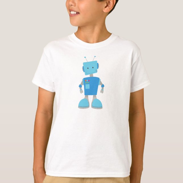 Cute Robot, Funny Robot, Fånig Robot, Blue Robot T Shirt (Framsida)