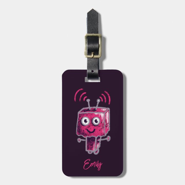 Cute Robot Grunge Rosa Girl Girl Bagagebricka (Vertikal Framsida)