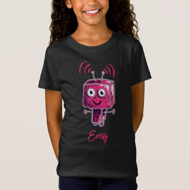 Cute Robot Grunge Rosa Namn T Shirt (Framsida)