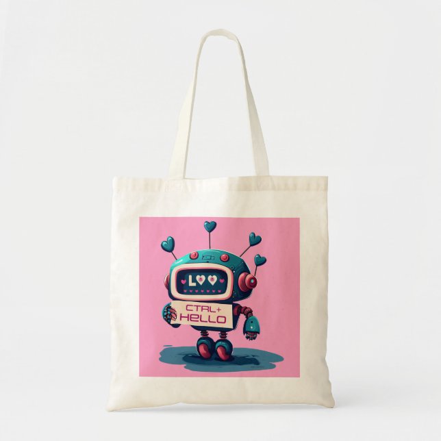 Cute Robot Hej +CTRL Hearts Tech Stil Tote Bag Tygkasse (Framsidan)