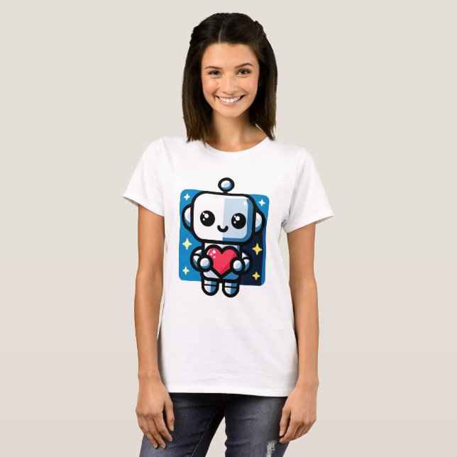 Cute Robot Holding Heart - Adsible Kärlek & Tech T Shirt (Hel framsida)