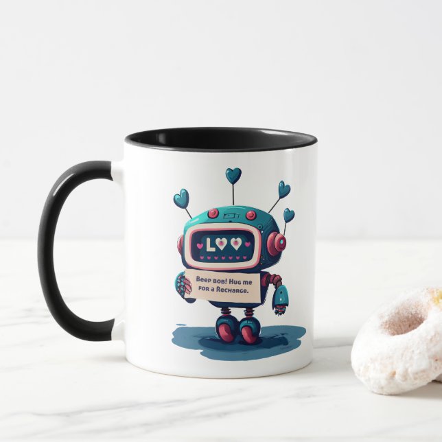 Cute Robot, Hug mig för en reharge, Hearts Mugg (Med munk)