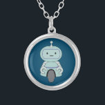 Cute Robot Illustration Silverpläterat Halsband<br><div class="desc">Cute och vänlig robot. Den här beundransvärda lilla robotsnubben har en antenn ovanpå sitt huvud och ett handfullt hjul vid grund för flytta runt. Hans arm har gripit med små klämmor för greppet på sak och har ett typiskt robotuttryckslöst ansikte.</div>