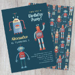 Cute Robot Kids 1:a födelsedagsinbjudan Inbjudningar<br><div class="desc">Dags för party! En roligt små robotar,  redo att anpassa med ditt barns namn,  ålder och party. Baksidan har en söt och vismisk robot mönster.</div>