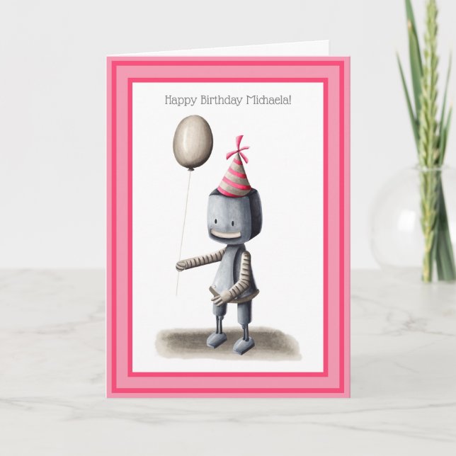 Cute Robot med Balloon Personlig Birthday Kort (Framsida)