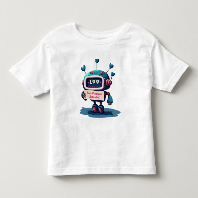 Cute Robot med blå Valentineser Text, Roligt T Shirt (Framsida)
