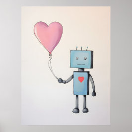 Cute Robot med Heart Balloon Poster