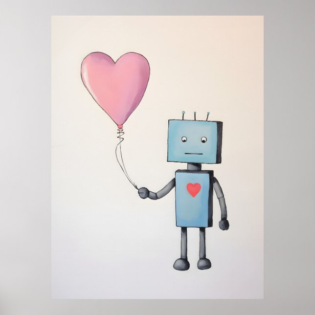 Cute Robot med Heart Balloon Poster (Framsidan)