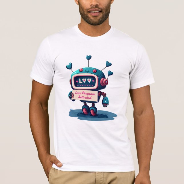 Cute Robot med Kärlek Valentiness Message Tee, Rol T Shirt (Framsida)