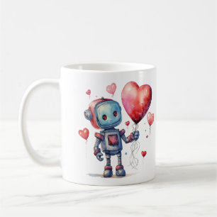 Cute Robot med Red Heart Balloon Valentine Kaffemugg