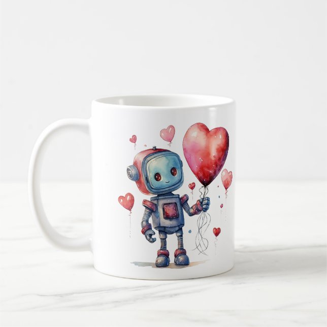 Cute Robot med Red Heart Balloon Valentine Kaffemugg (Vänster)